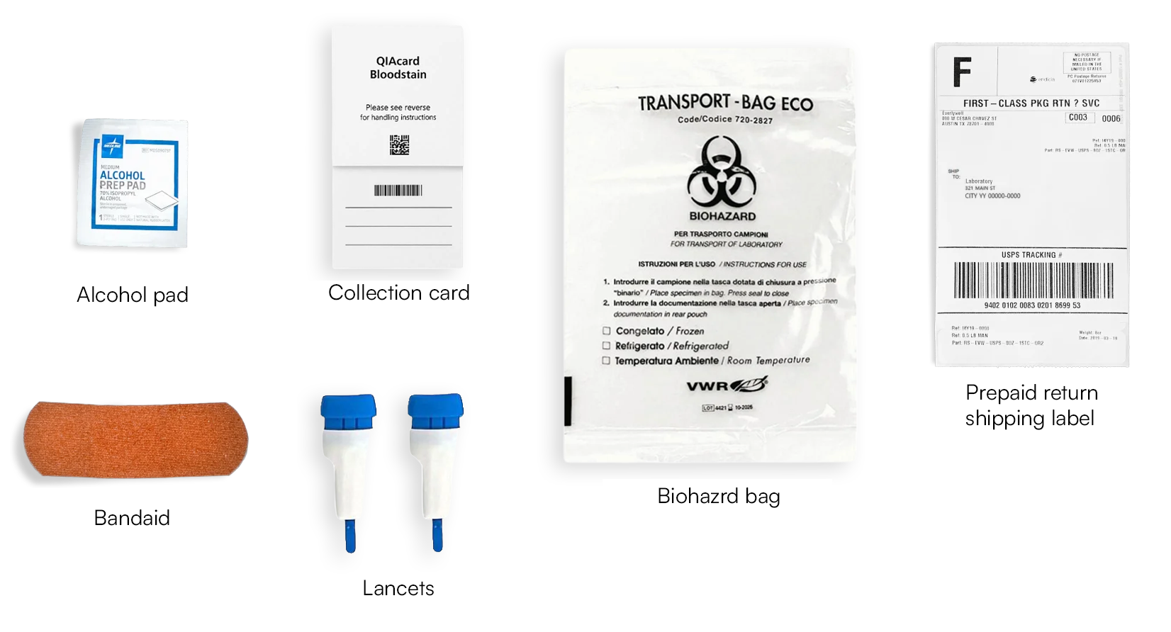 Innehåll i RNA-provtagningssatsen – lansetter, kort för torkat blodprov, gasväv, alkoholservett, bandage, påse för biologiskt farligt avfall och förbetald fraktetikett